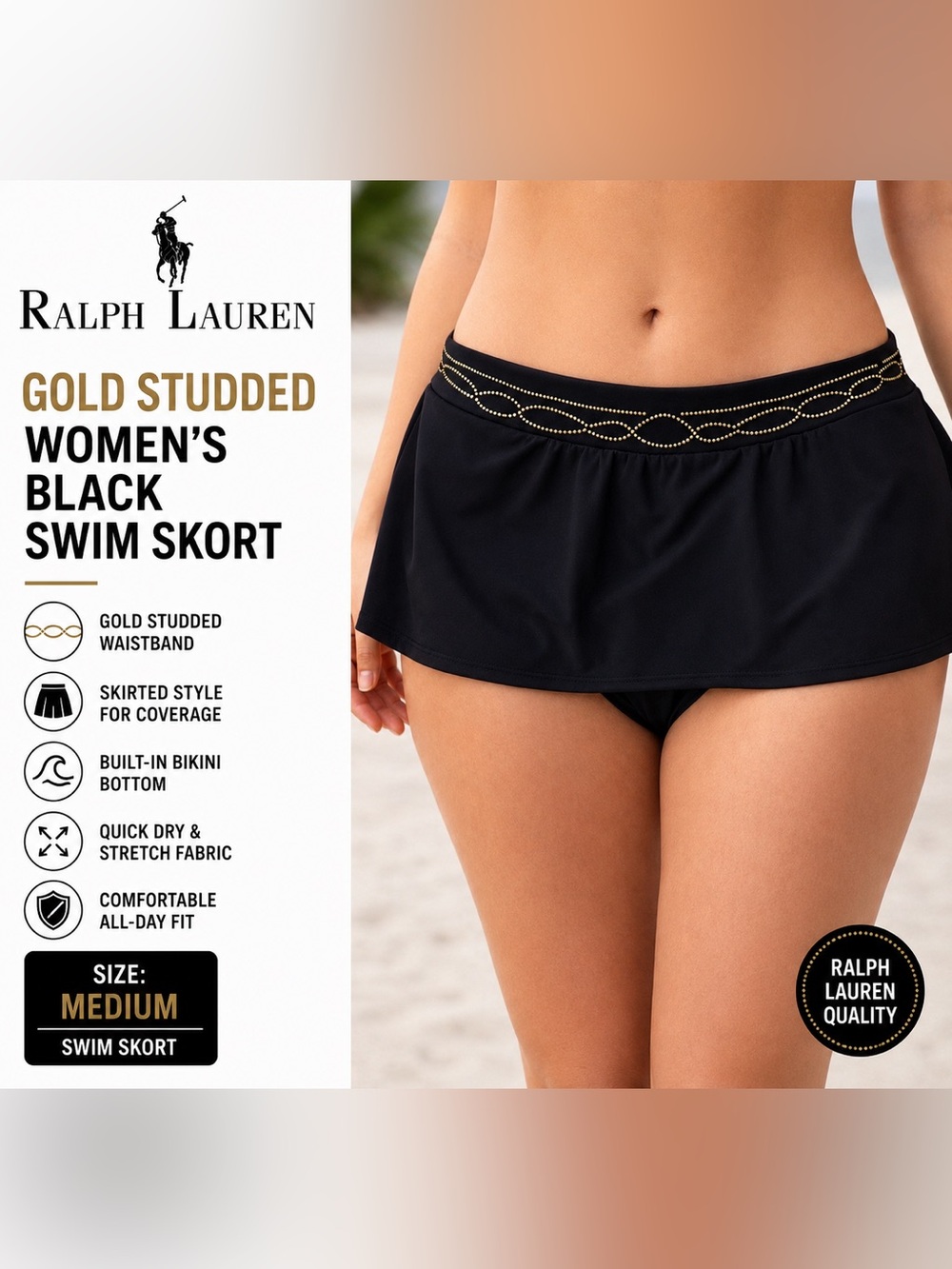 Ralph Lauren Gold Studded women’s Black Swim skort